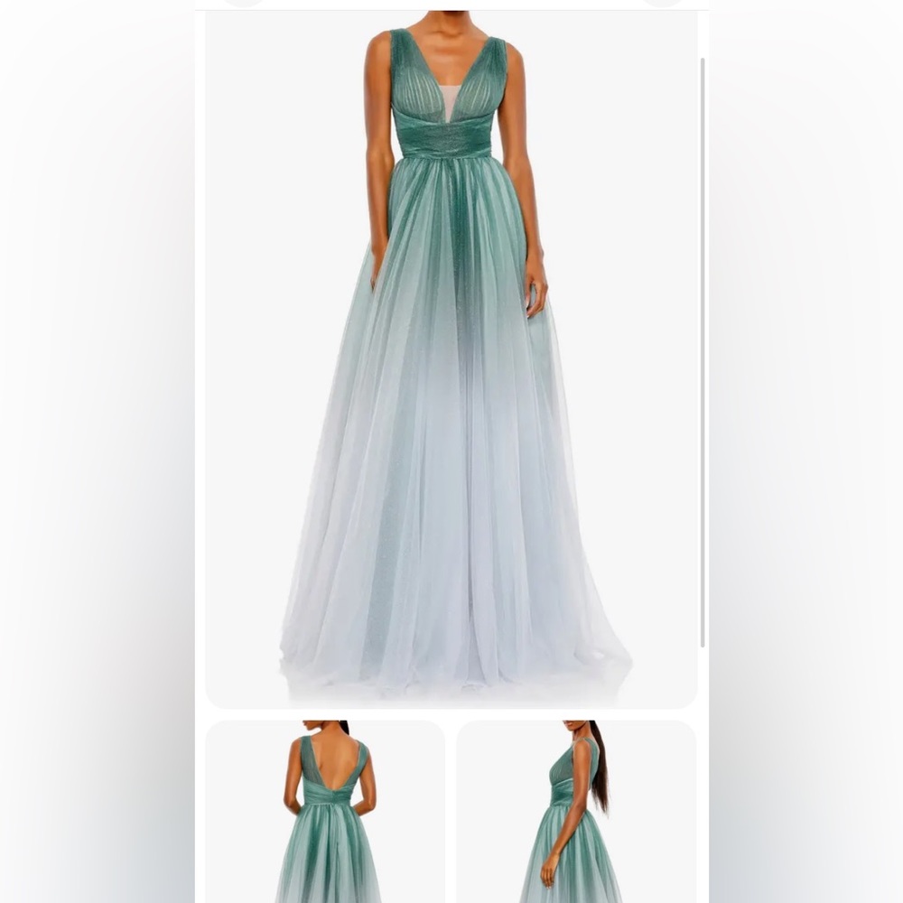 Mac Duggal ombré illusion soft teal to silver gown. Never worn, without tags.